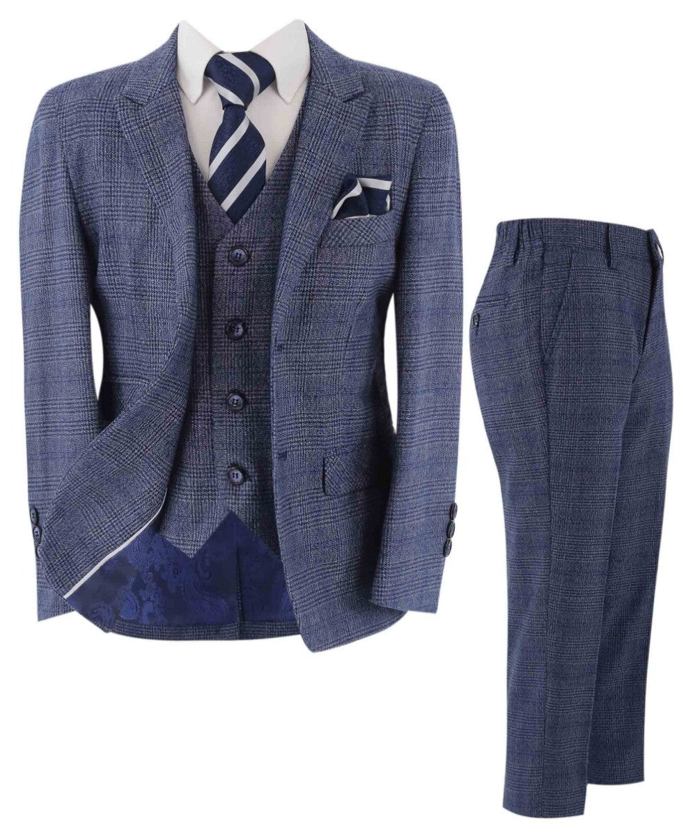 Boys Tweed Check Blue Suit - GRAHAM - Blue