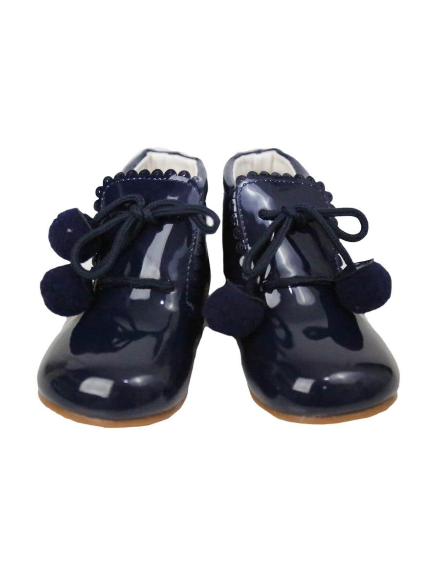 Baby Girls Pom Pom Patent Booties - Navy Blue