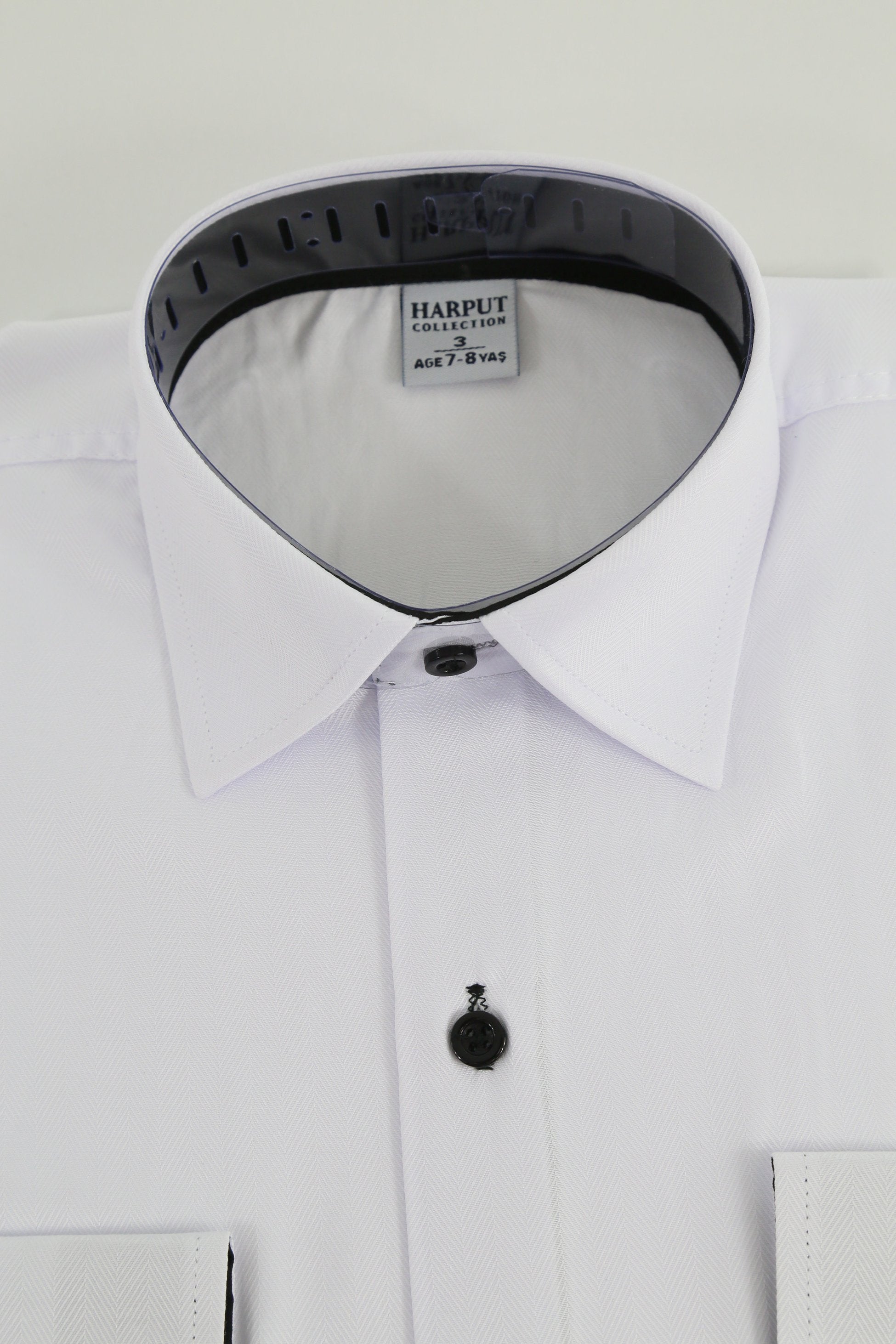 Boys White Formal Dress Shirt with Cufflinks - Herringbone Pattern - HARPUT - White