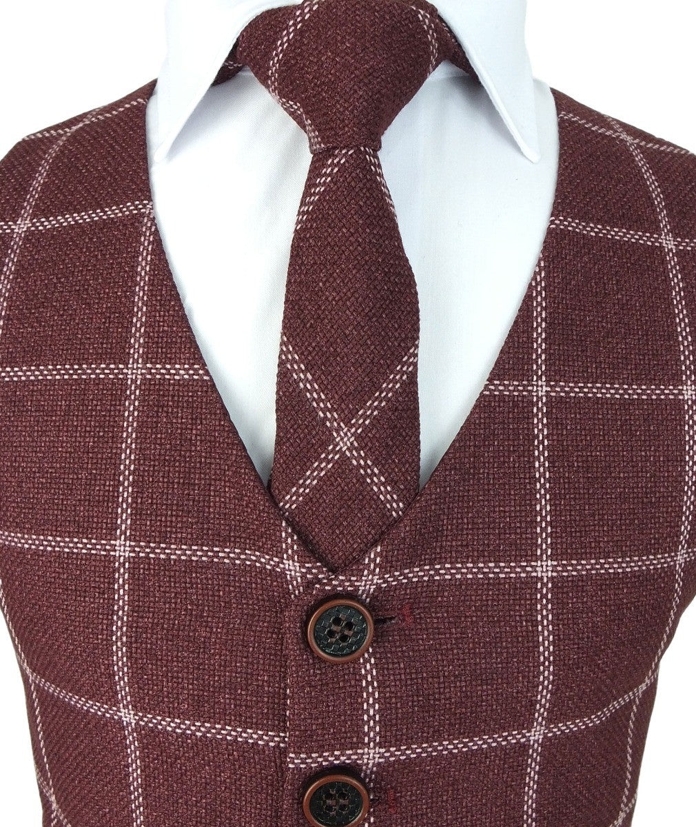 Boys Plaid Check Waistcoat Set - Maroon