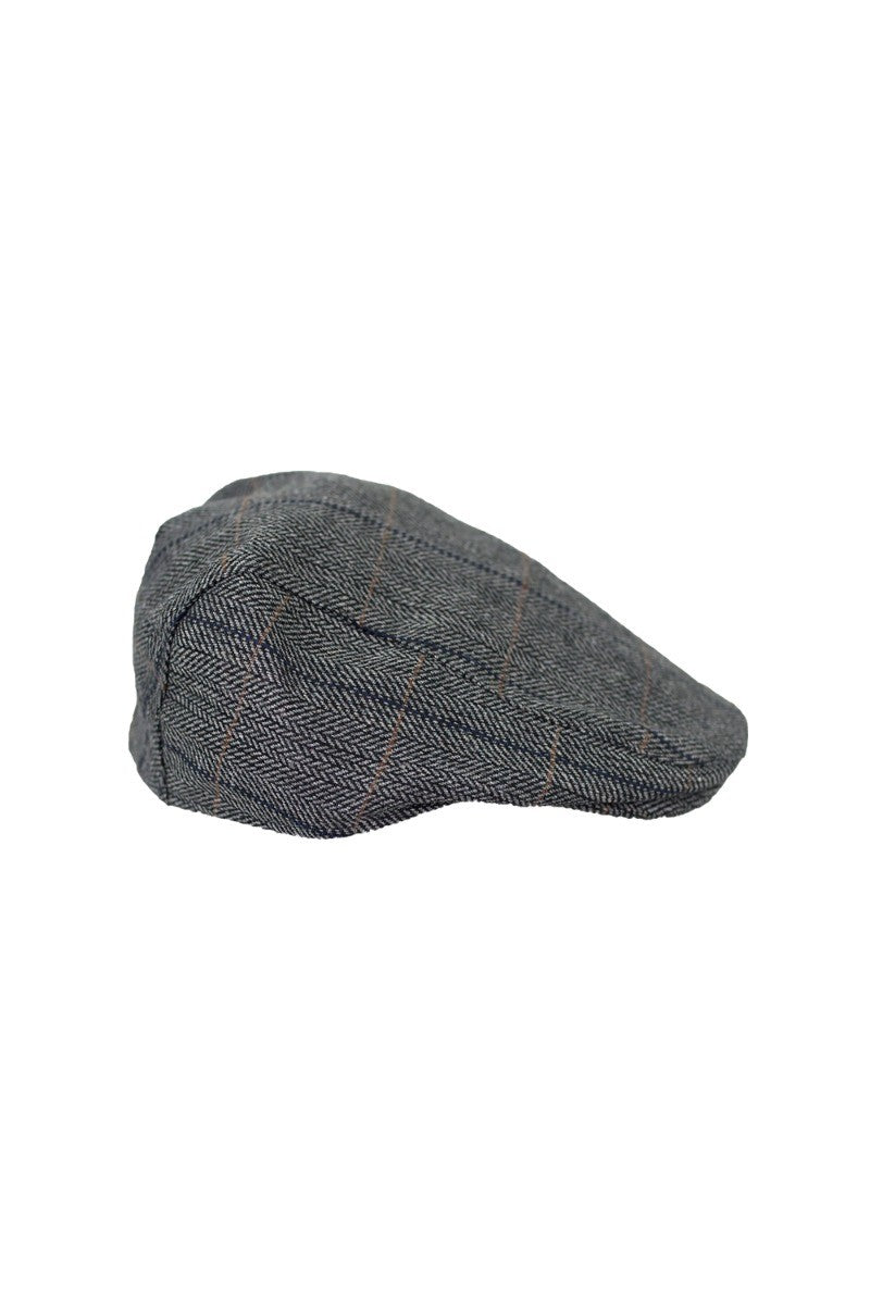 Men's Tweed Herringbone Check Classic Flat Cap - ALBERT - Grey