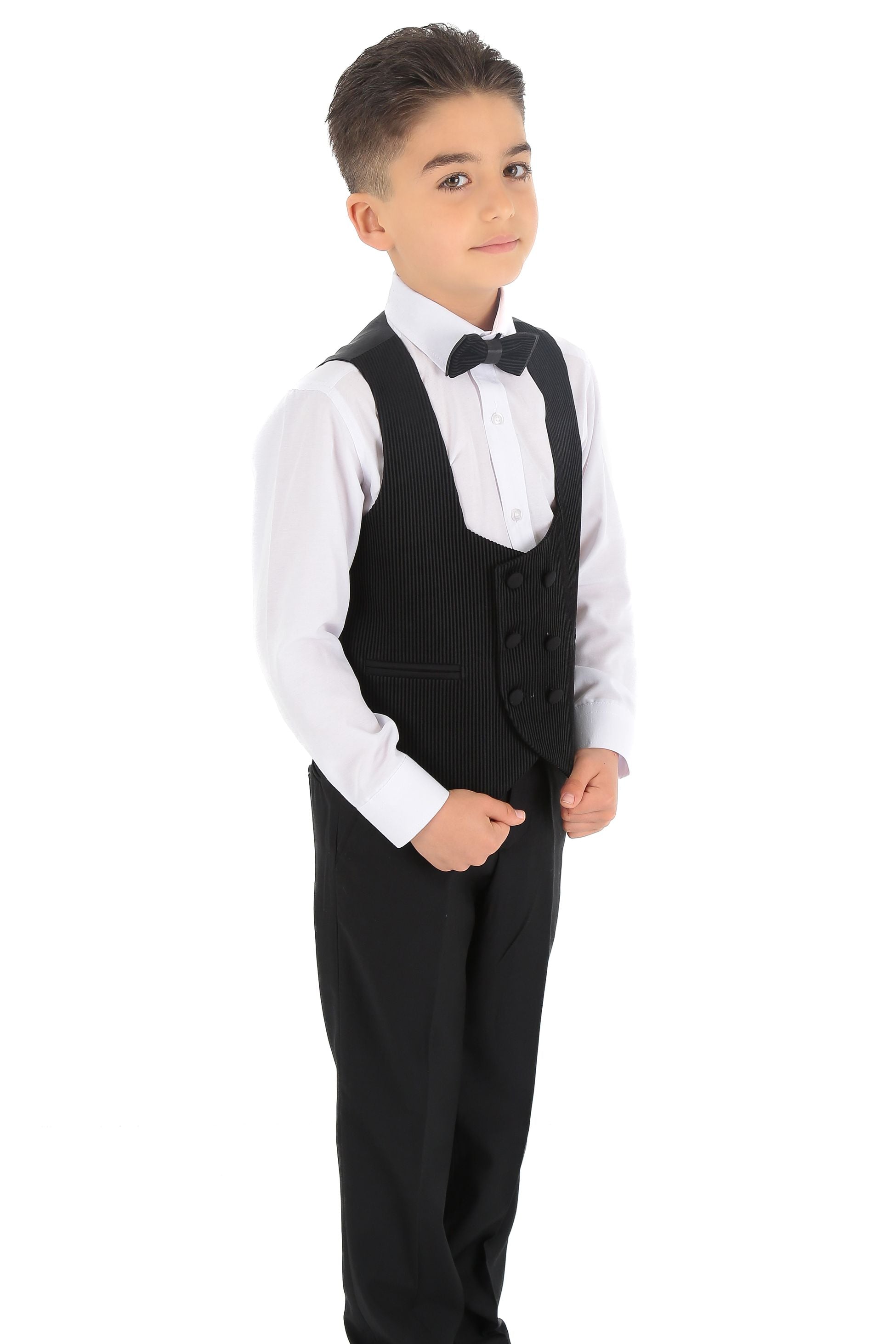 Boys Tuxedo Suit - Corduroy Velvet Waistcoat & shawl lapel - Black