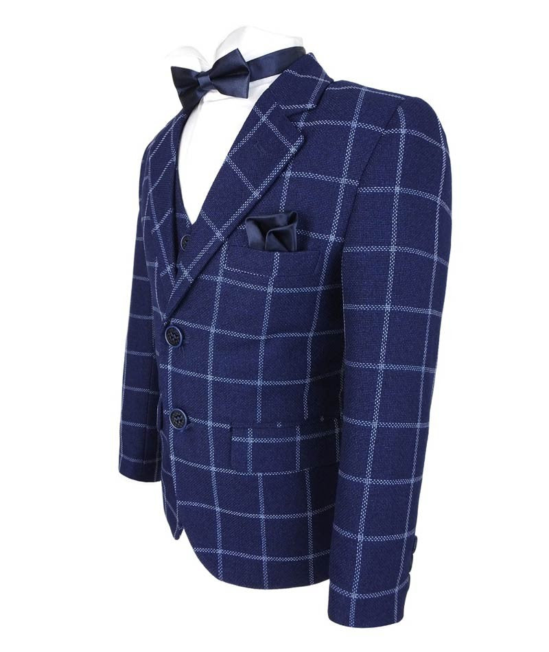 Boys Retro Windowpane Tailored Fit Check Suit - Navy Blue