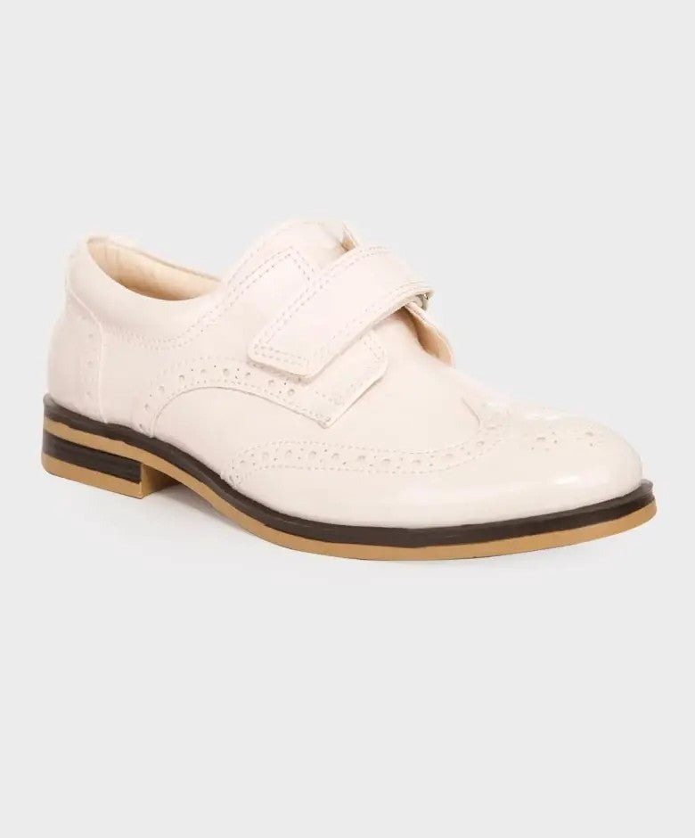 Boys Patent  Brogue Velcro Dress Shoes - Ivory-Cream