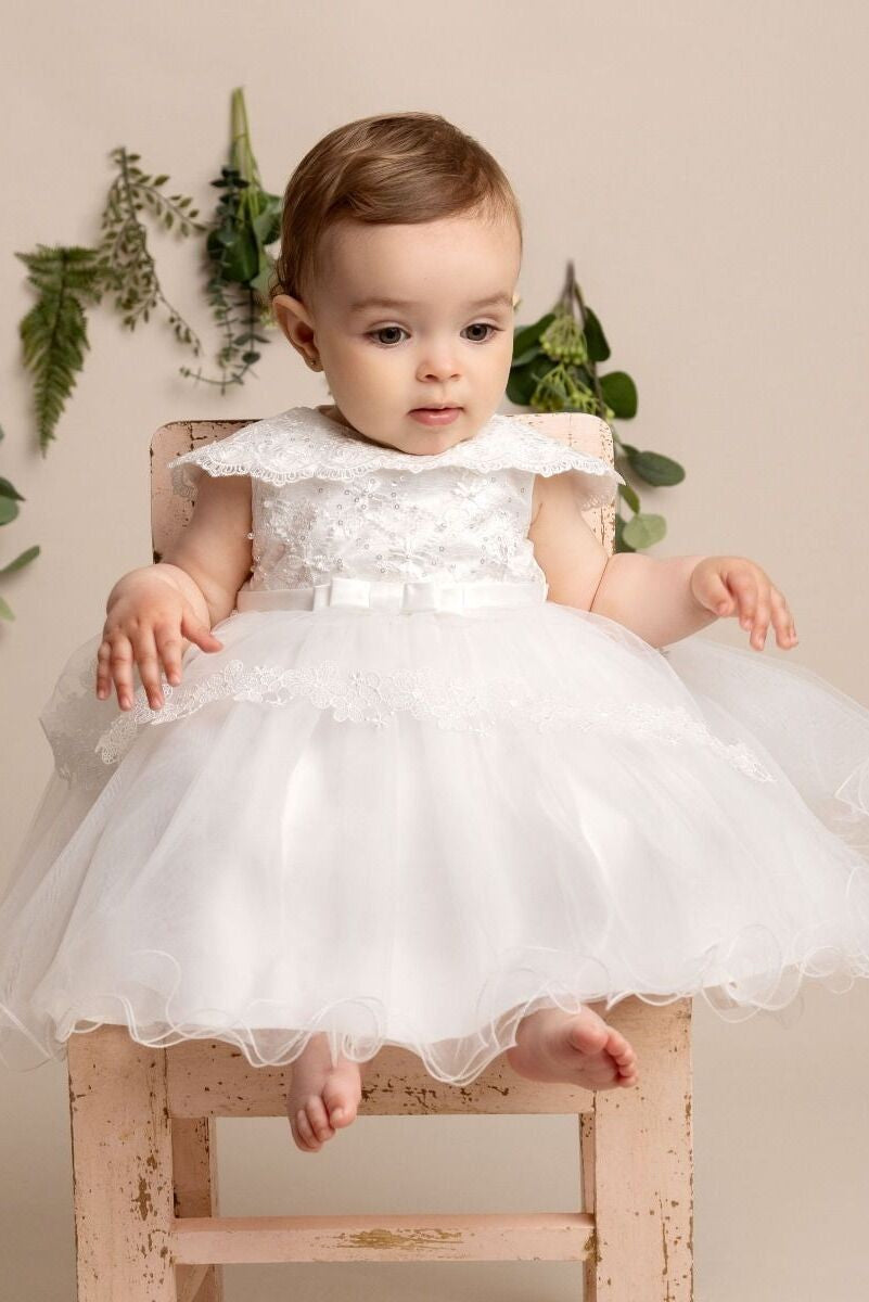 Baby Girls Layered Christening Lace Cape Dress - HAZEL - White