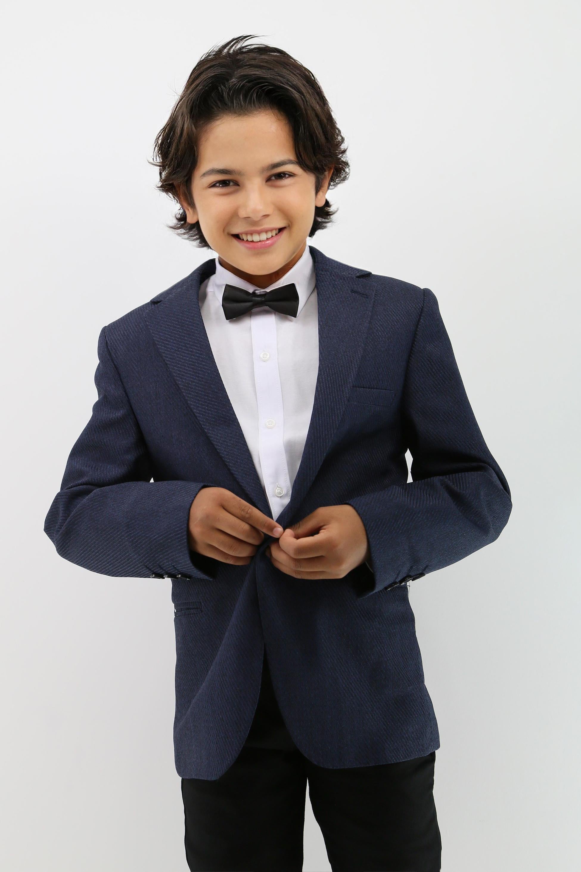 Boys Formal Textured Tweed Blazer - Navy Blue