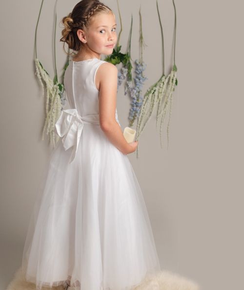 Floral Embroidery Flower Girl Dress with Bow - LUCKY - White