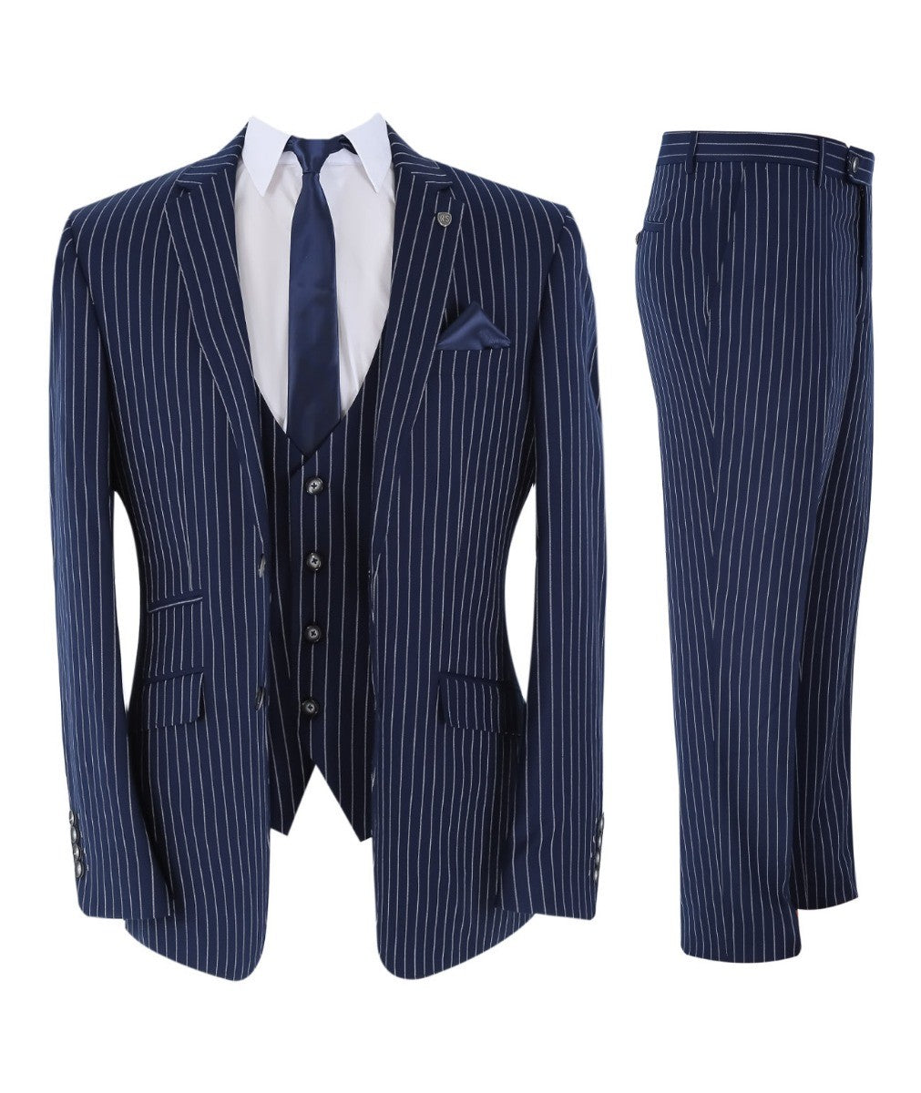 Men's Tailored Fit Pinstripe Navy Suit - MASON - Navy Blue