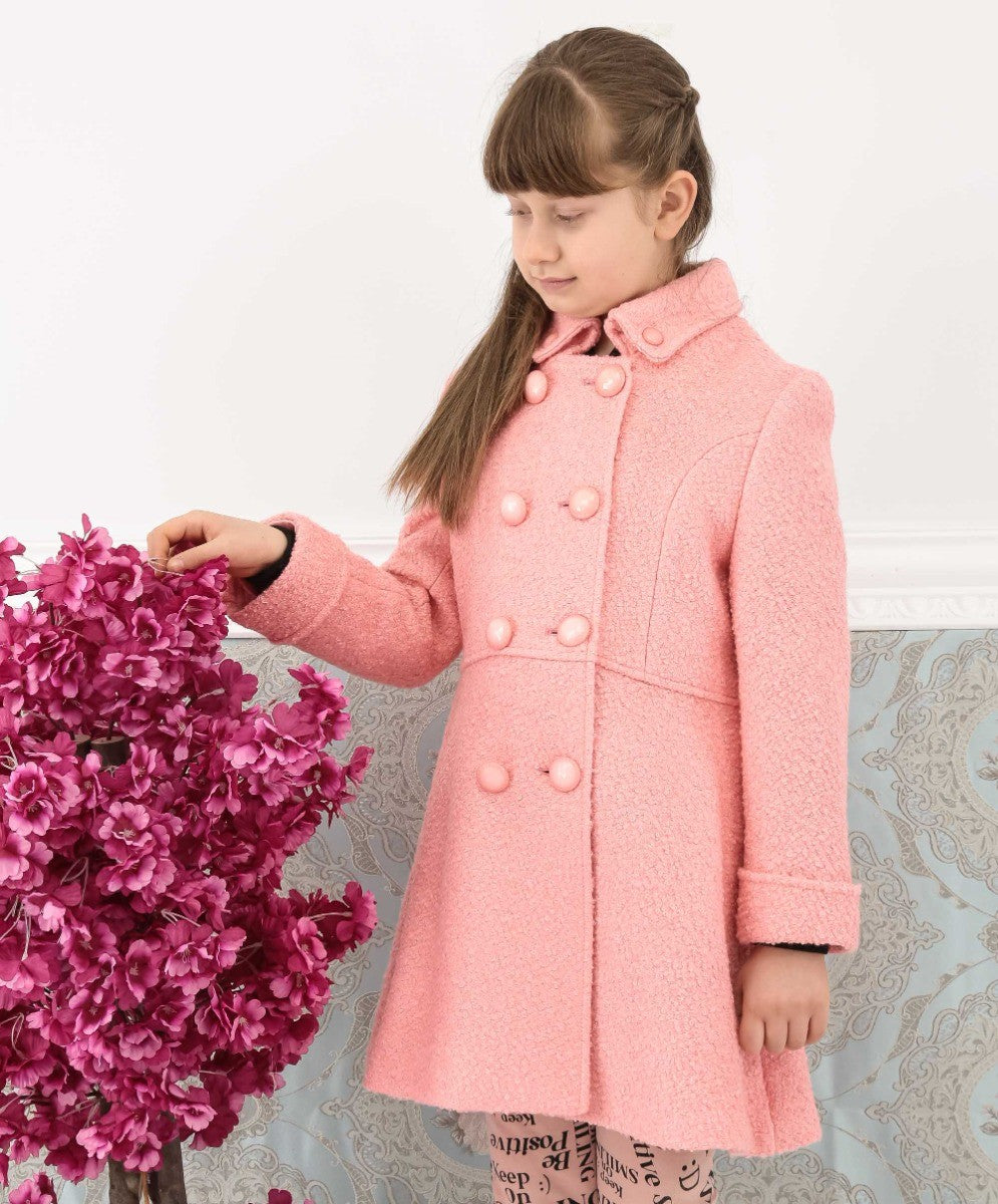 Girls Wool Double-Breasted OverCoat Set - ELIZABETH - Dark Pink