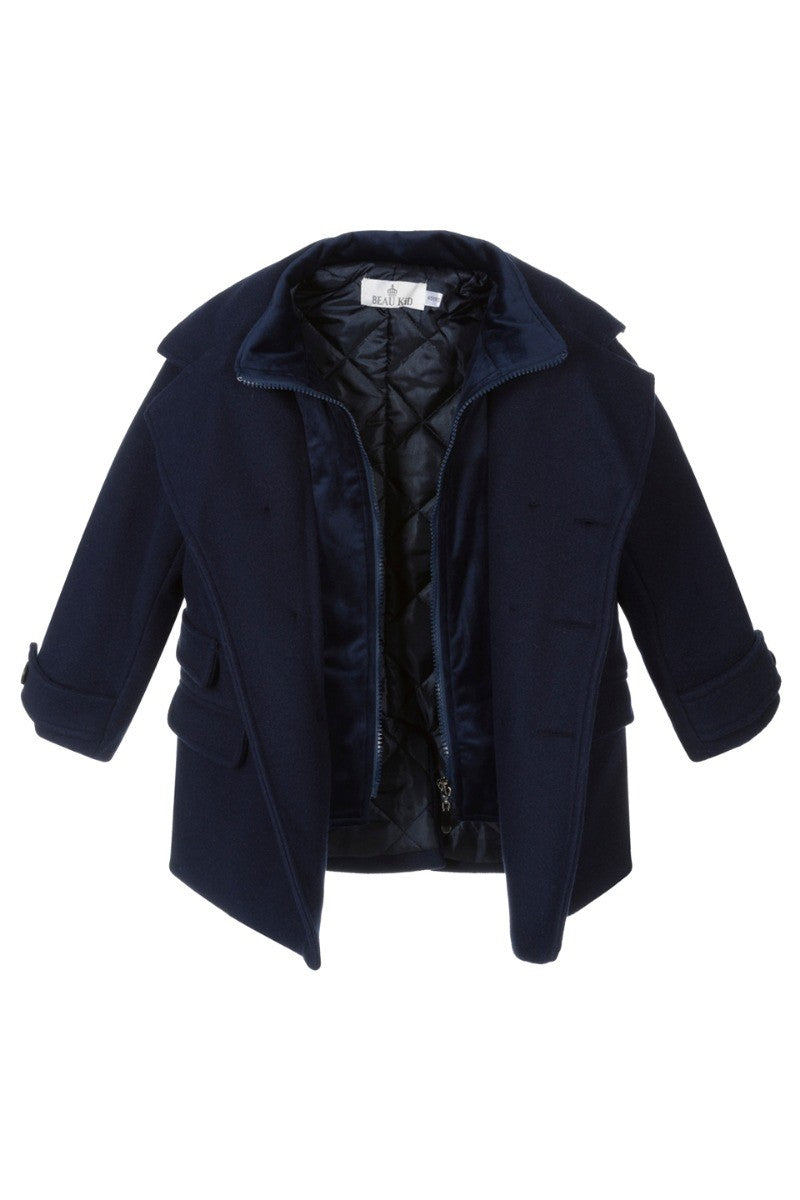 Boys Tweed Double Breasted Midi Geke Coat - Navy Blue