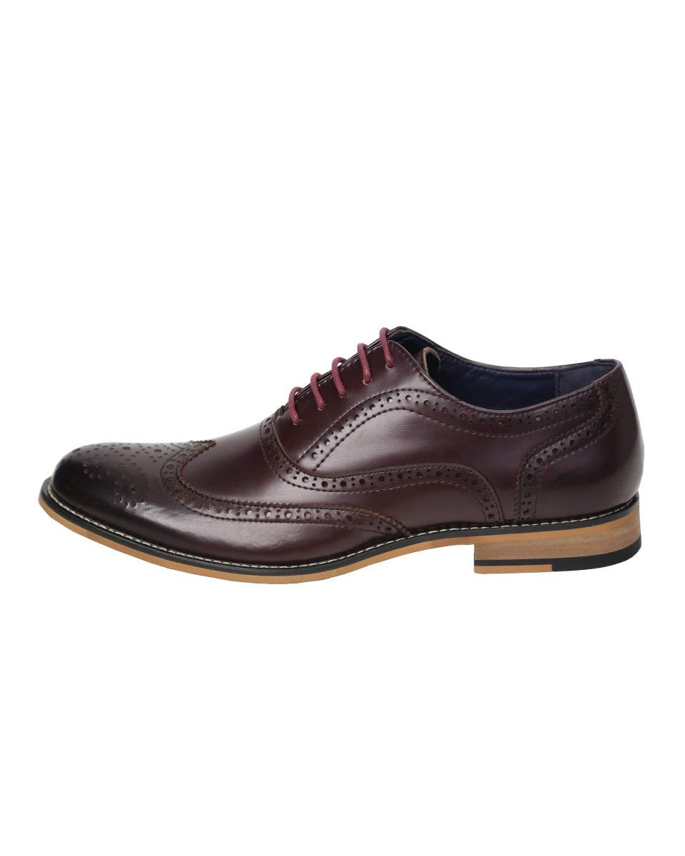 Men's Lace Up Leather Brogue Shoes - OXFORD - Wine