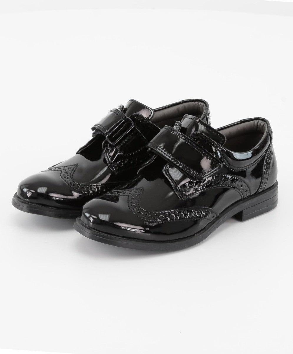 Boys Patent  Brogue Velcro Dress Shoes - Black