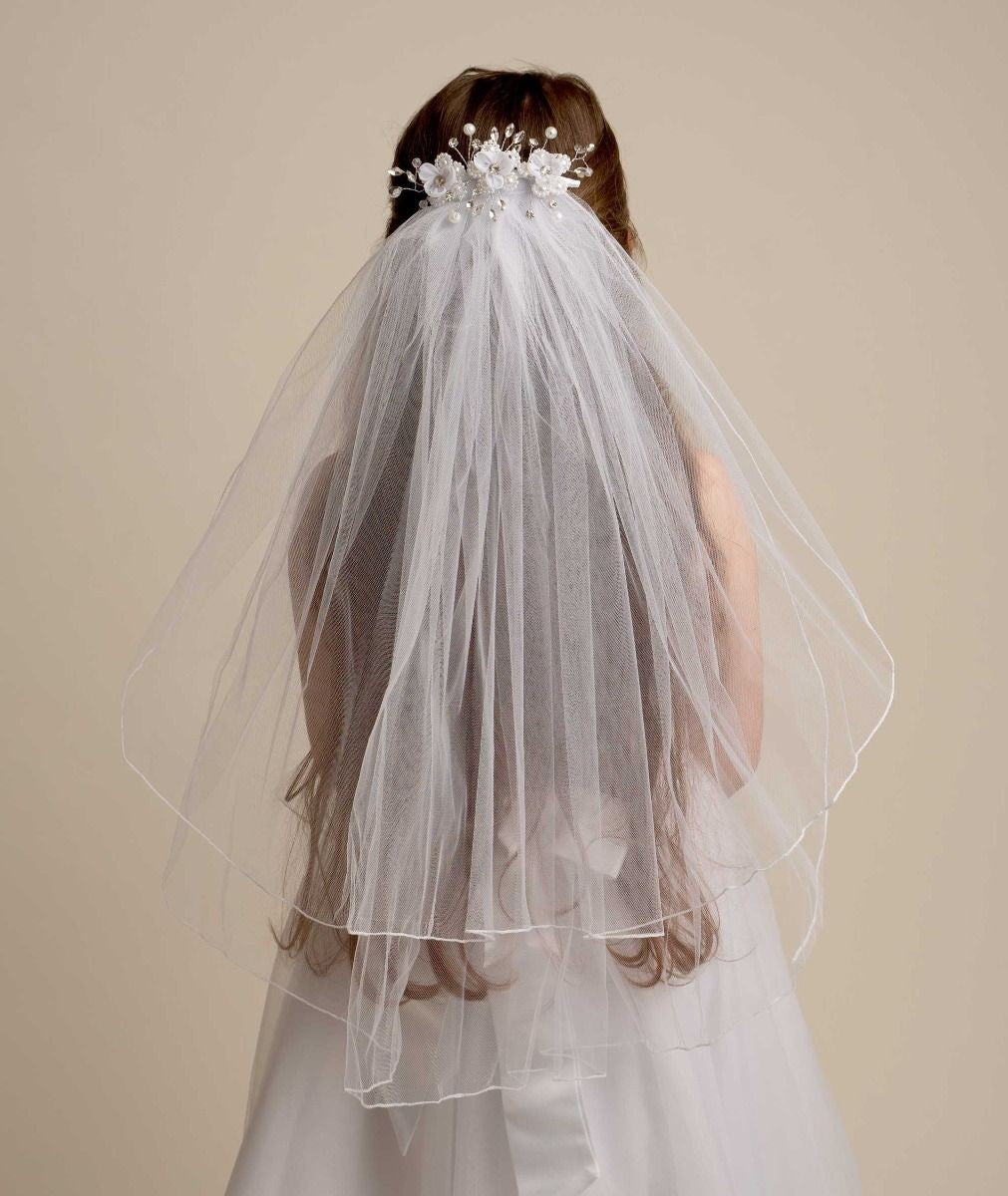 Girls' White Layered Floral and Pearl Veil - CMV255