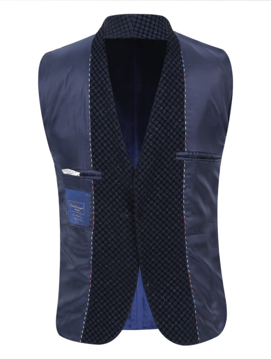 Boys Velvet Slim Fit Tuxedo Dinner Suit - Navy Blue