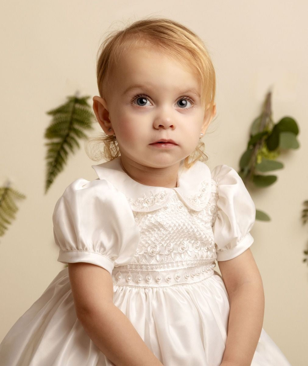 Ivory Satin and Beaded Dress for Girls and Babies – ZELDA - Ivory