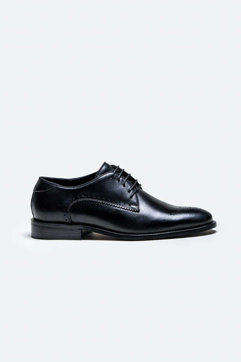 Men's Derby Lace Up Leather Brogue Dress Shoes - MADRID - Black