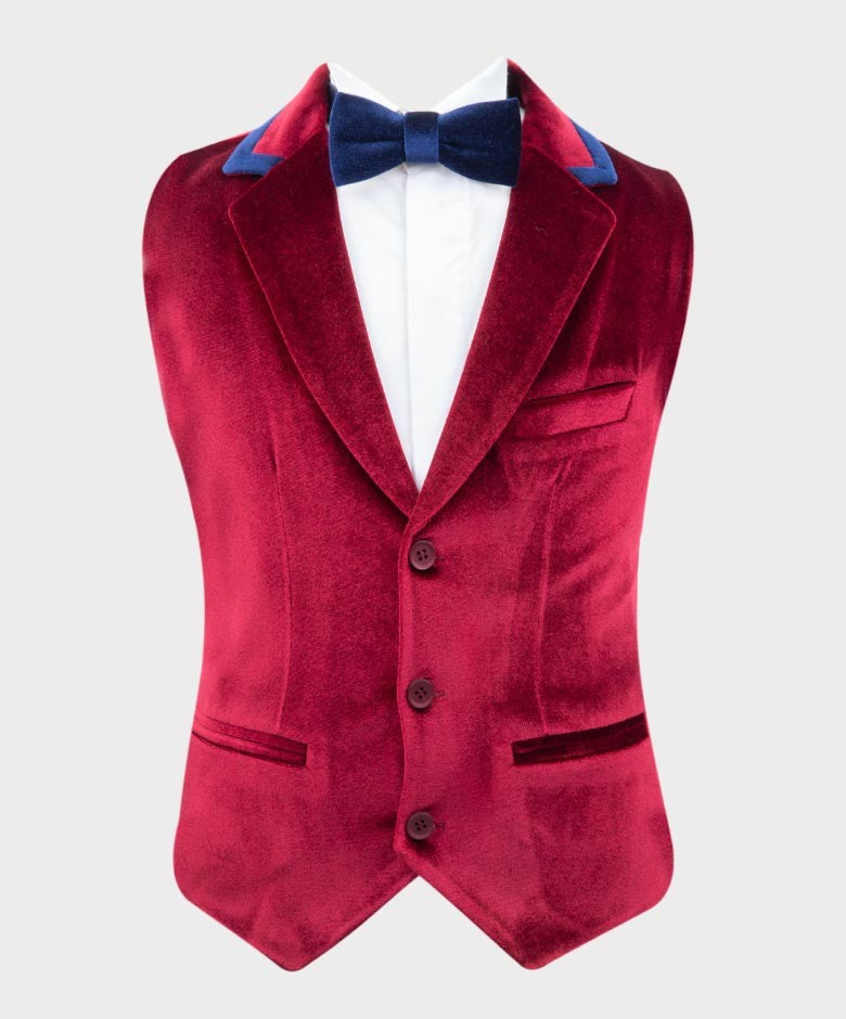 Boys Tailored Fit Velvet Suit with Elbow Patches - Claret Red