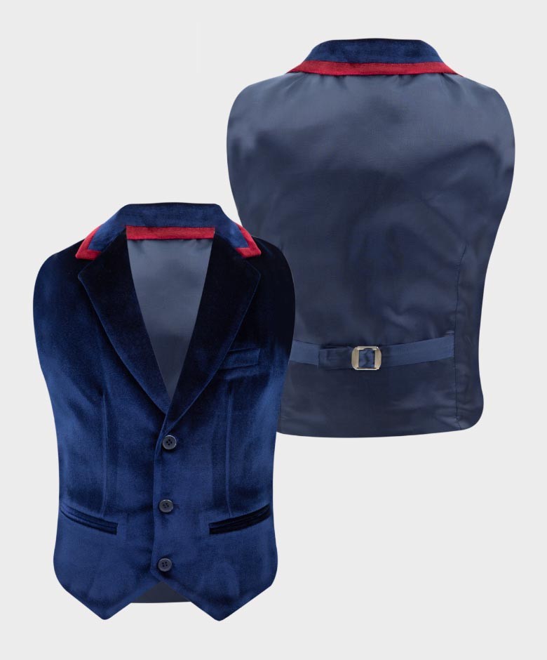 Boys Tailored Fit Velvet Suit with Elbow Patches - Navy Blue