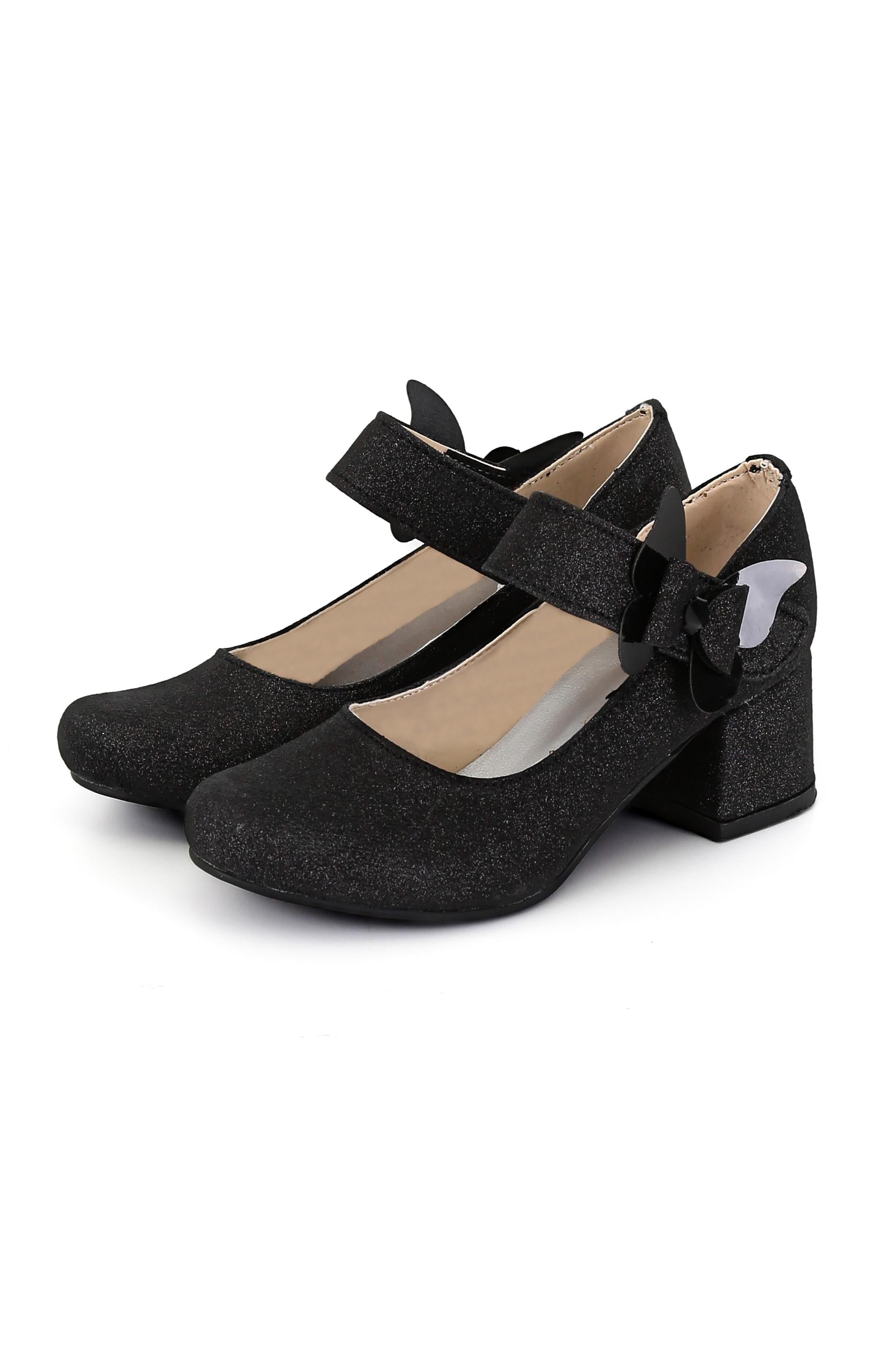 Girls Block Heel Glittery Mary Jane Shoes- AITANA - Black