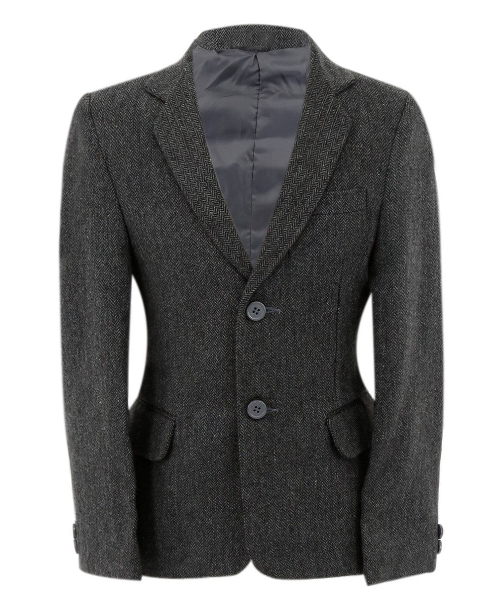 Boys Herringbone Tweed Formal Blazer - Dark Grey