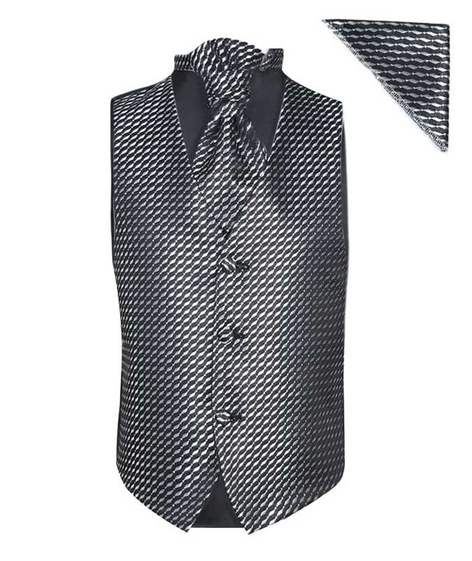 Boys Patterned Waistcoat Cravat Hanky Set - Black