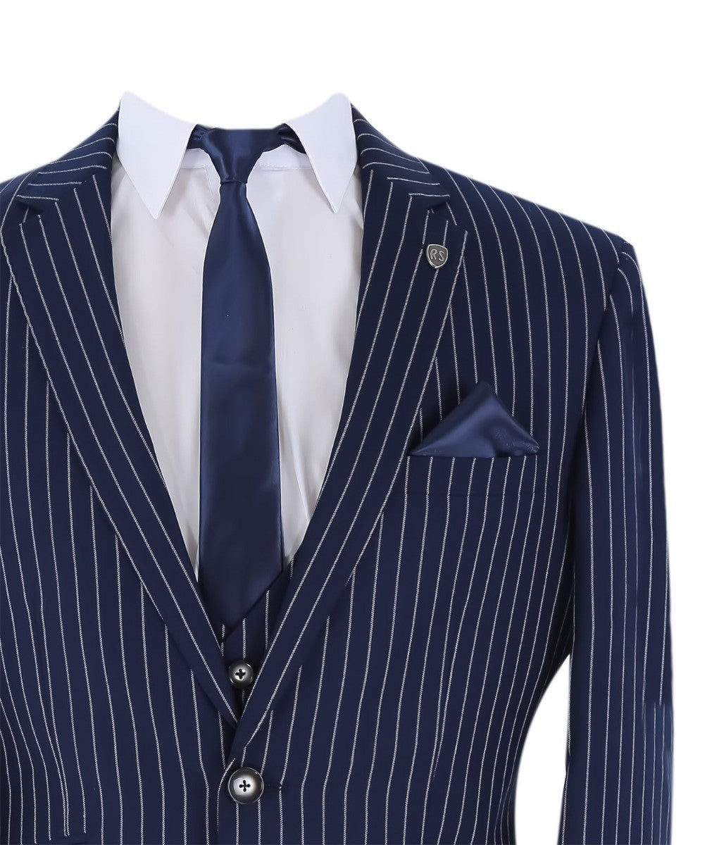 Men's Tailored Fit Pinstripe Navy Suit - MASON - Navy Blue