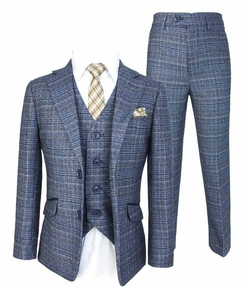 Boys Tweed Check Sky Blue Suit Set - Sky Blue