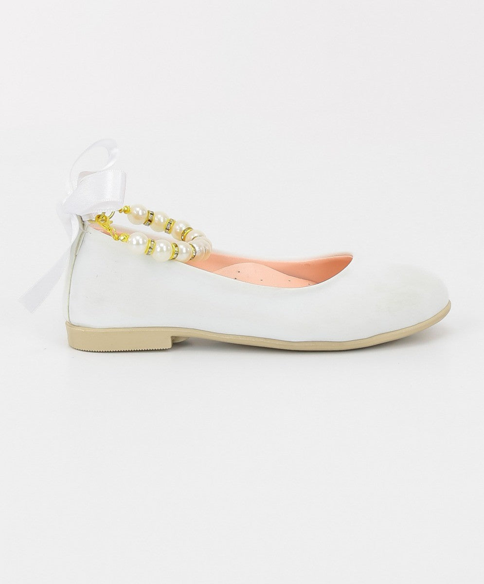 Girls Pearls Flat Mary Jane Shoes - ISABEL - White