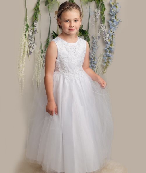 Girls Dress with Embroidery and Tulle Skirt - LYNN - White