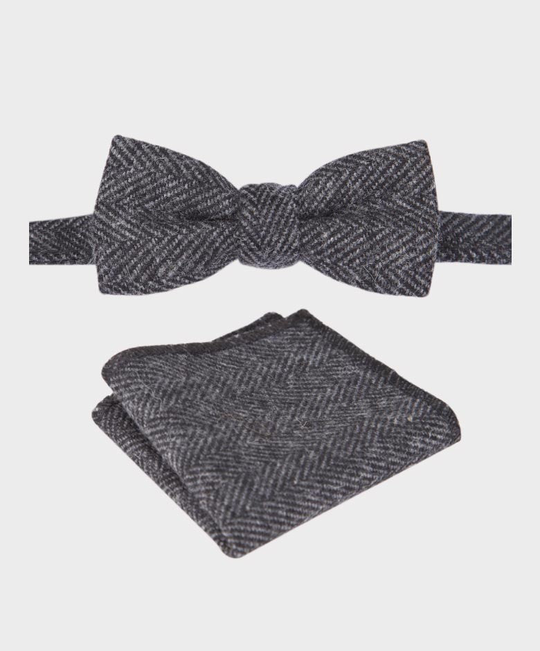 Boys Herringbone Tweed Bow Tie and Hanky Set - Charcoal Grey