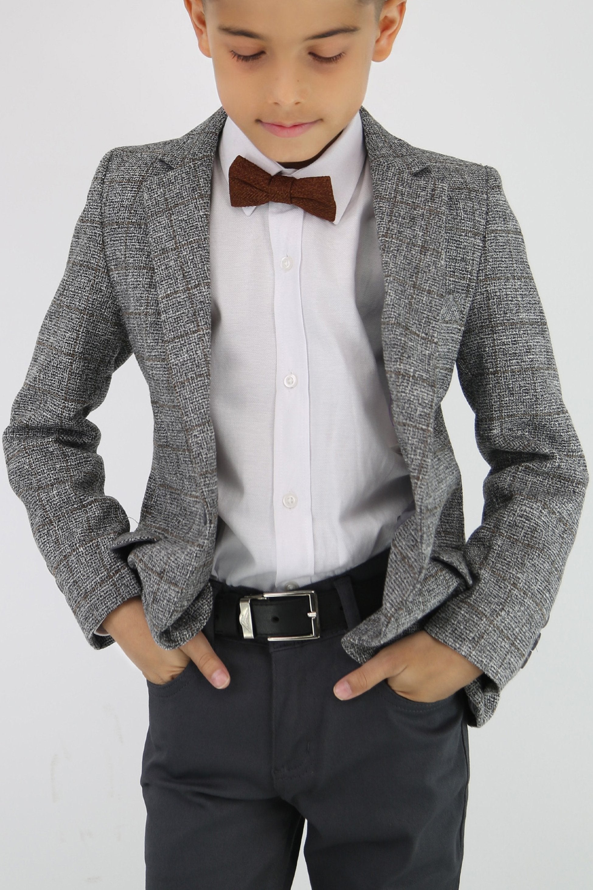 Boys Cotton Blend Tweed Like Check Blazer - Grey