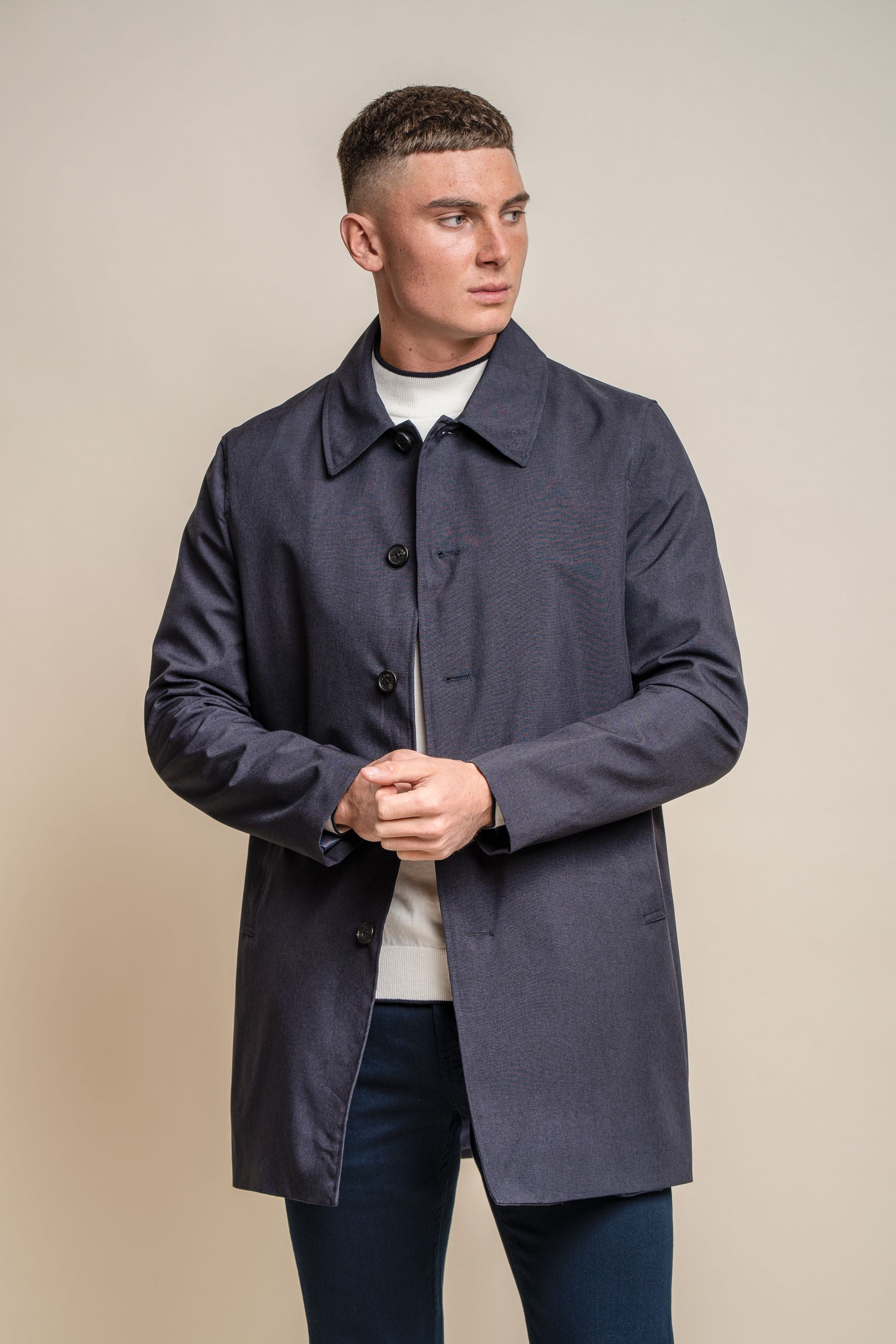 Men's Midi Length Geke Coat with Removable Zipper - BRANDO - Navy Blue