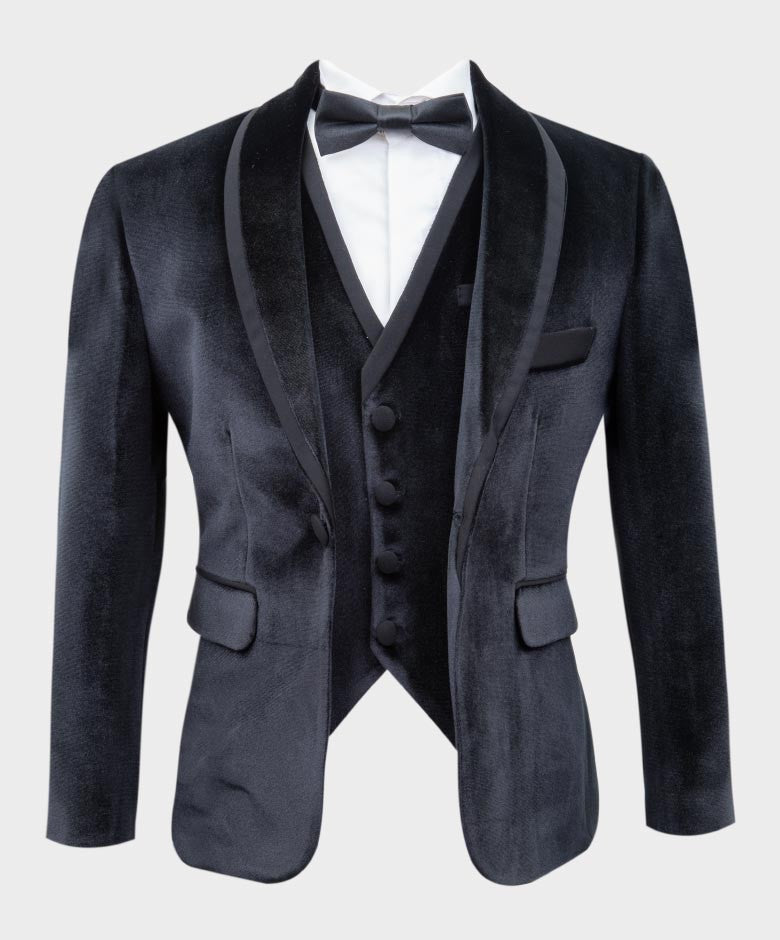 Boys Sheen Lapel Velvet Tuxedo Suit - Black