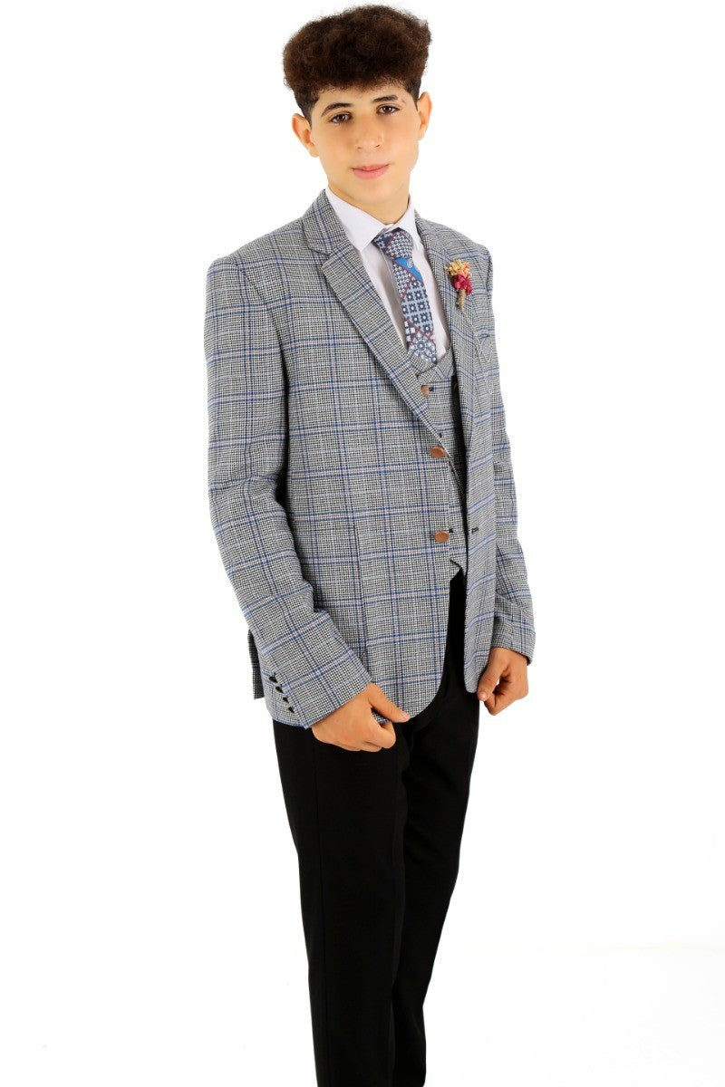 Boys Windowpane Check Slim Fit Suit - Blue - Black