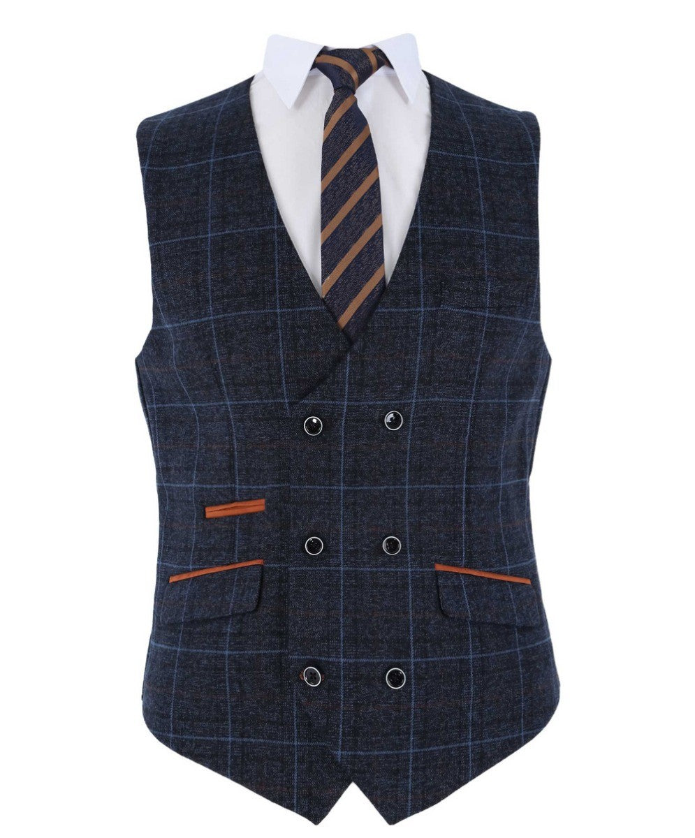 Men's Tailored Fit Retro Check Waistcoat - ANTHONY NAVY - Navy Blue