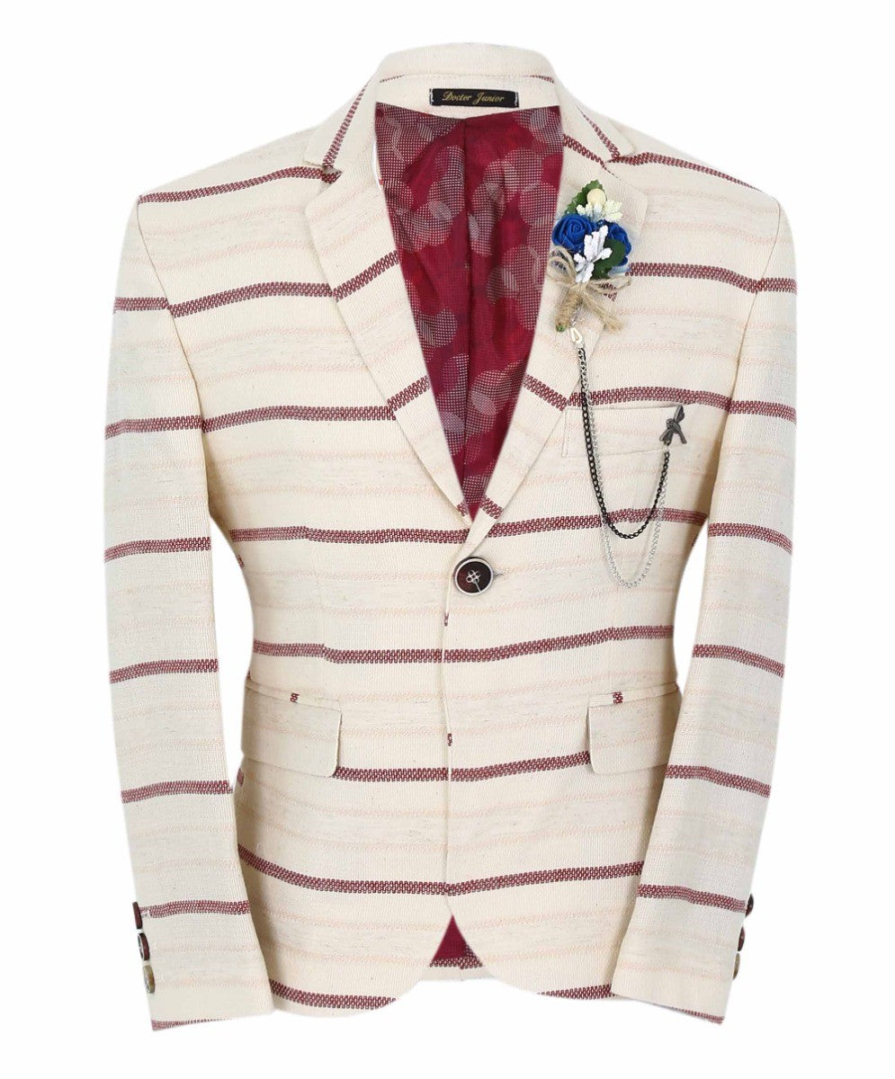 Boys Slim Fit Striped Blazer - Beige - Burgundy