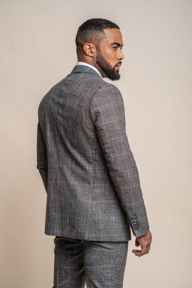 Men's Tweed Retro Check Grey Suit Jacket - POWER - Grey