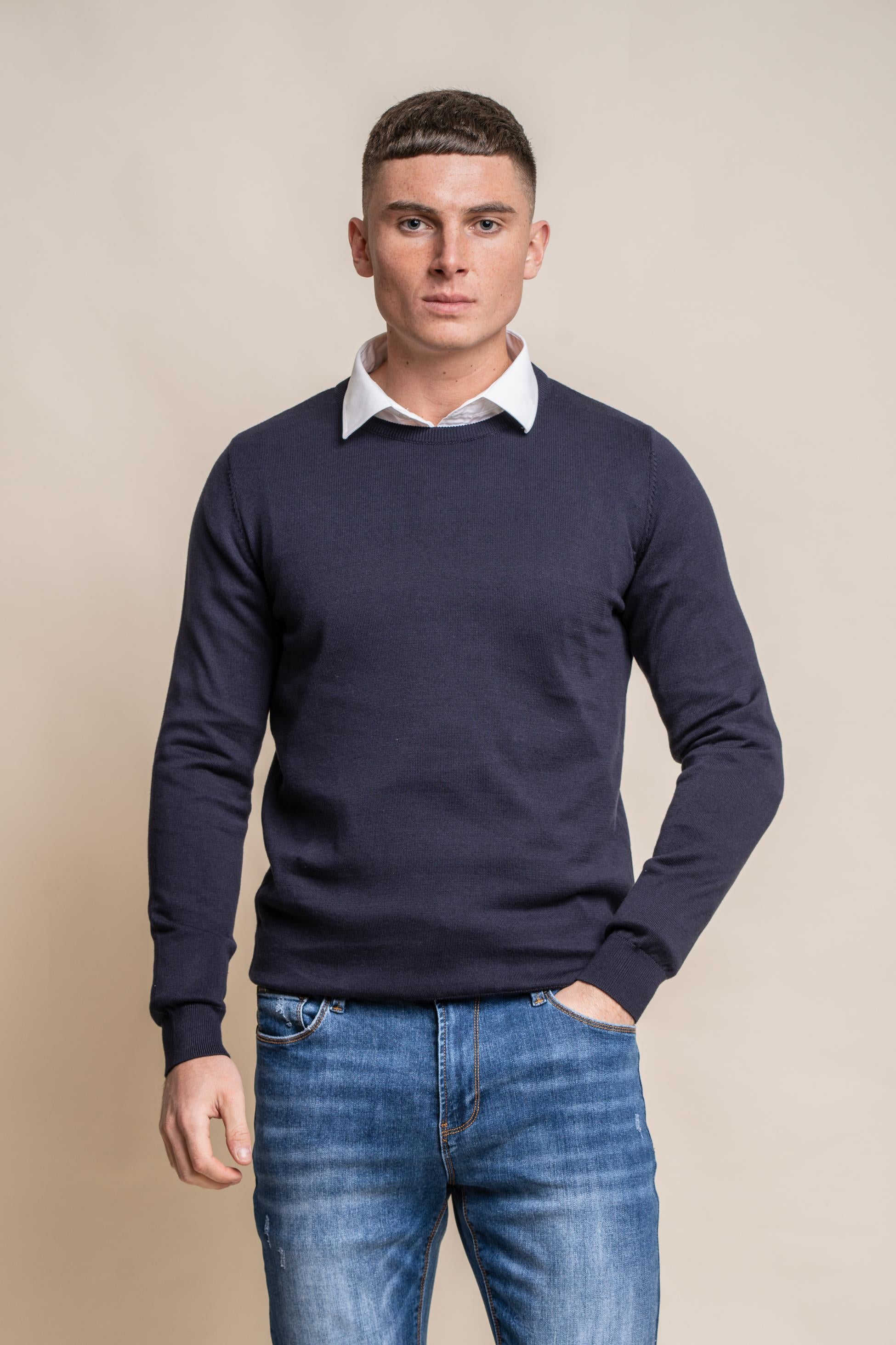 Men's Cotton Slim Fit Crewneck Jumper - Navy Blue