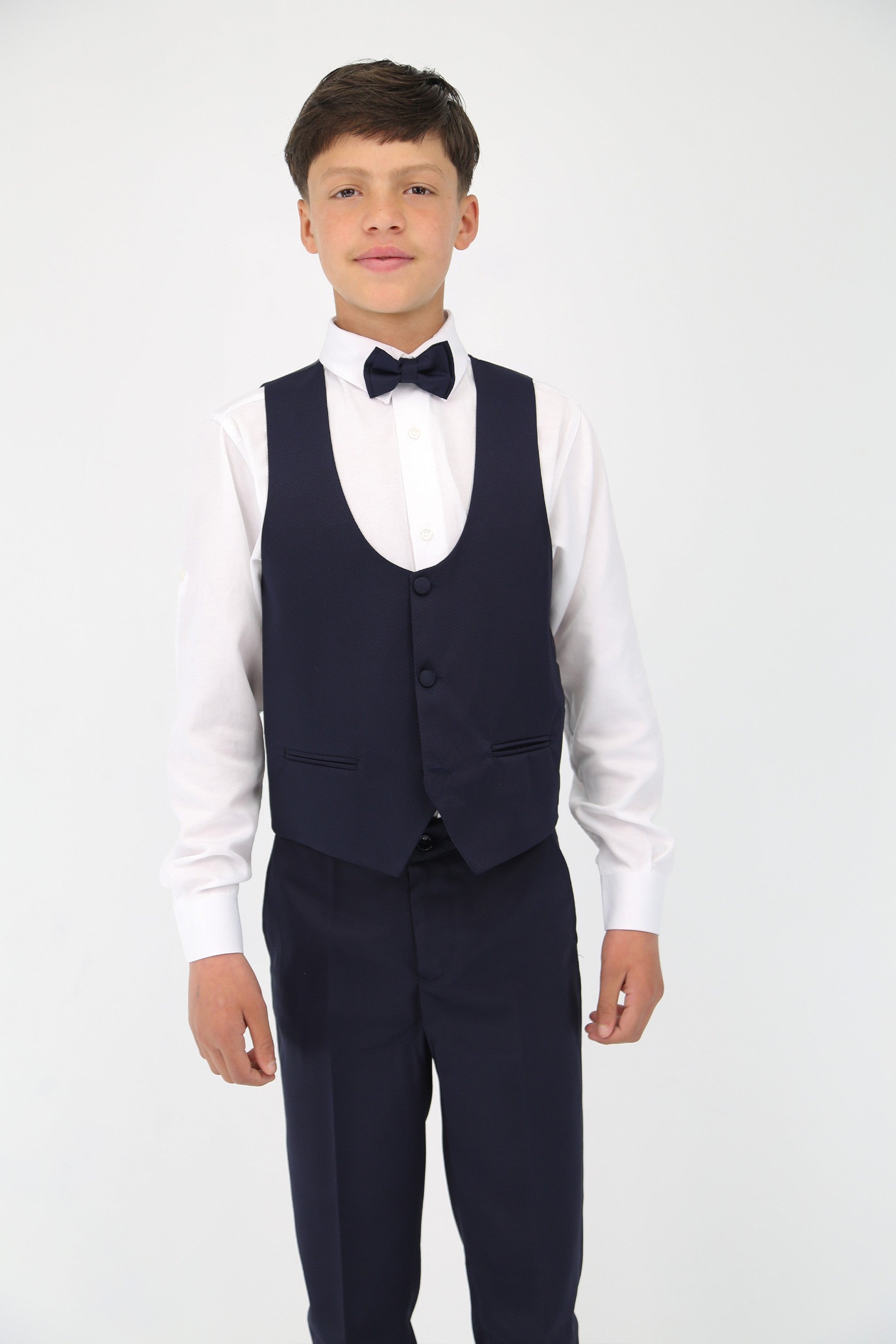 Boys' Satin Shawl Lapel Self-Patterned Tuxedo Suit, 6-Piece Set - Navy