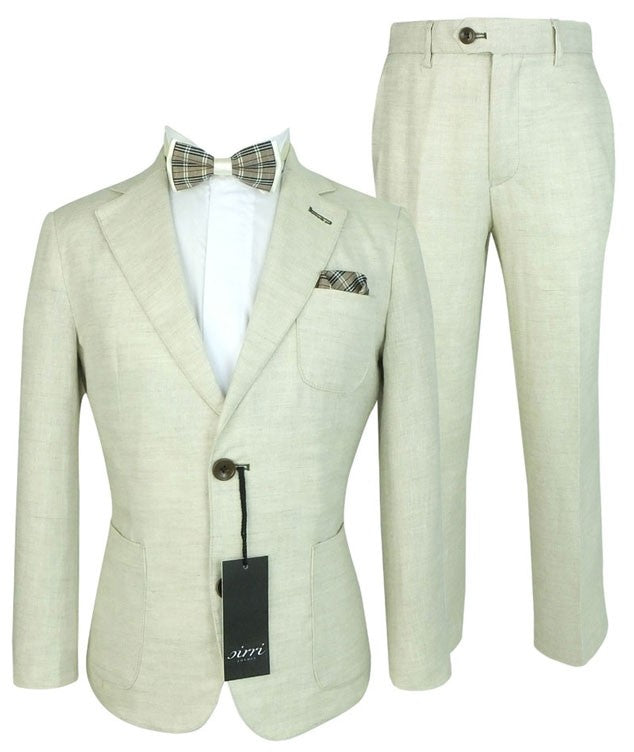 Boys Linen Suit with Elbo Patches - Tan Beige