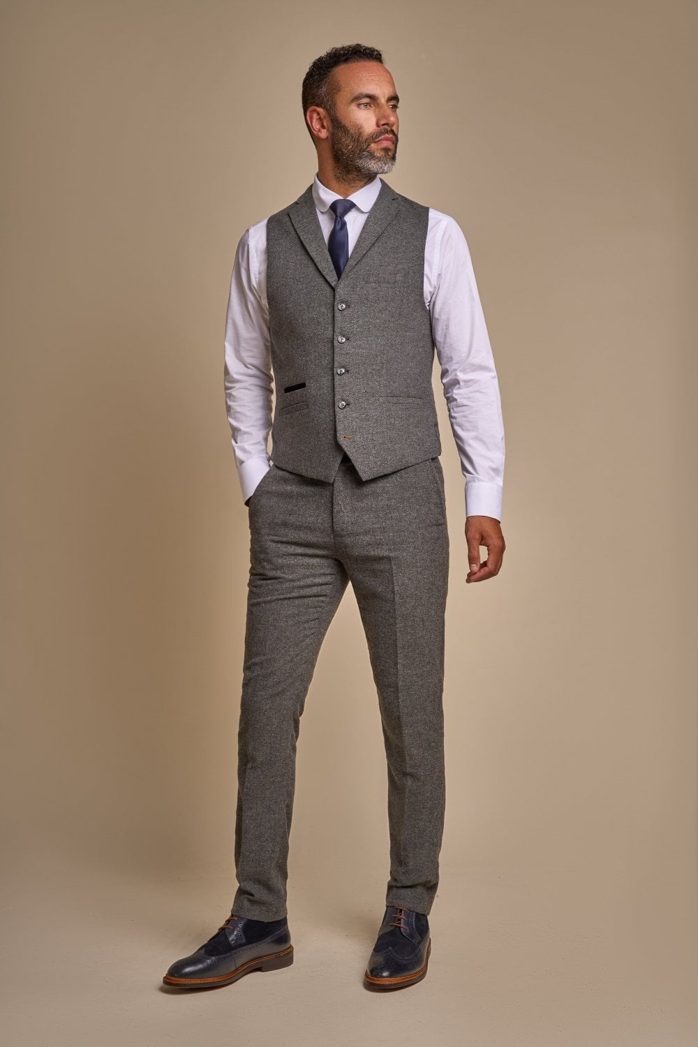 Men's Herringbone Tweed Slim Fit Waistcoat - MARTEZ - Brown