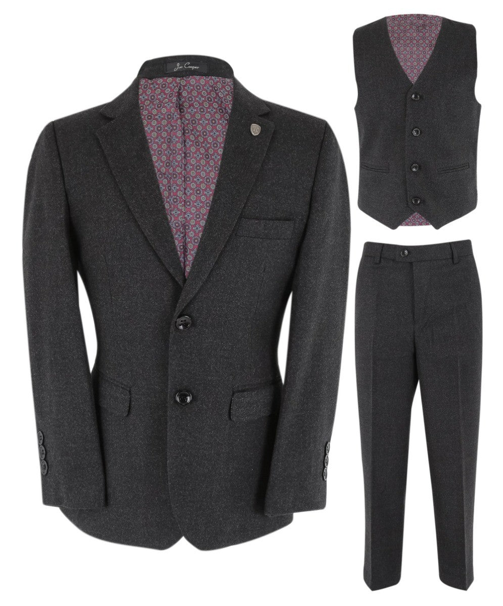 Boys Husky Tweed Tailored Fit Grey Suit - ADAM - Dark Grey