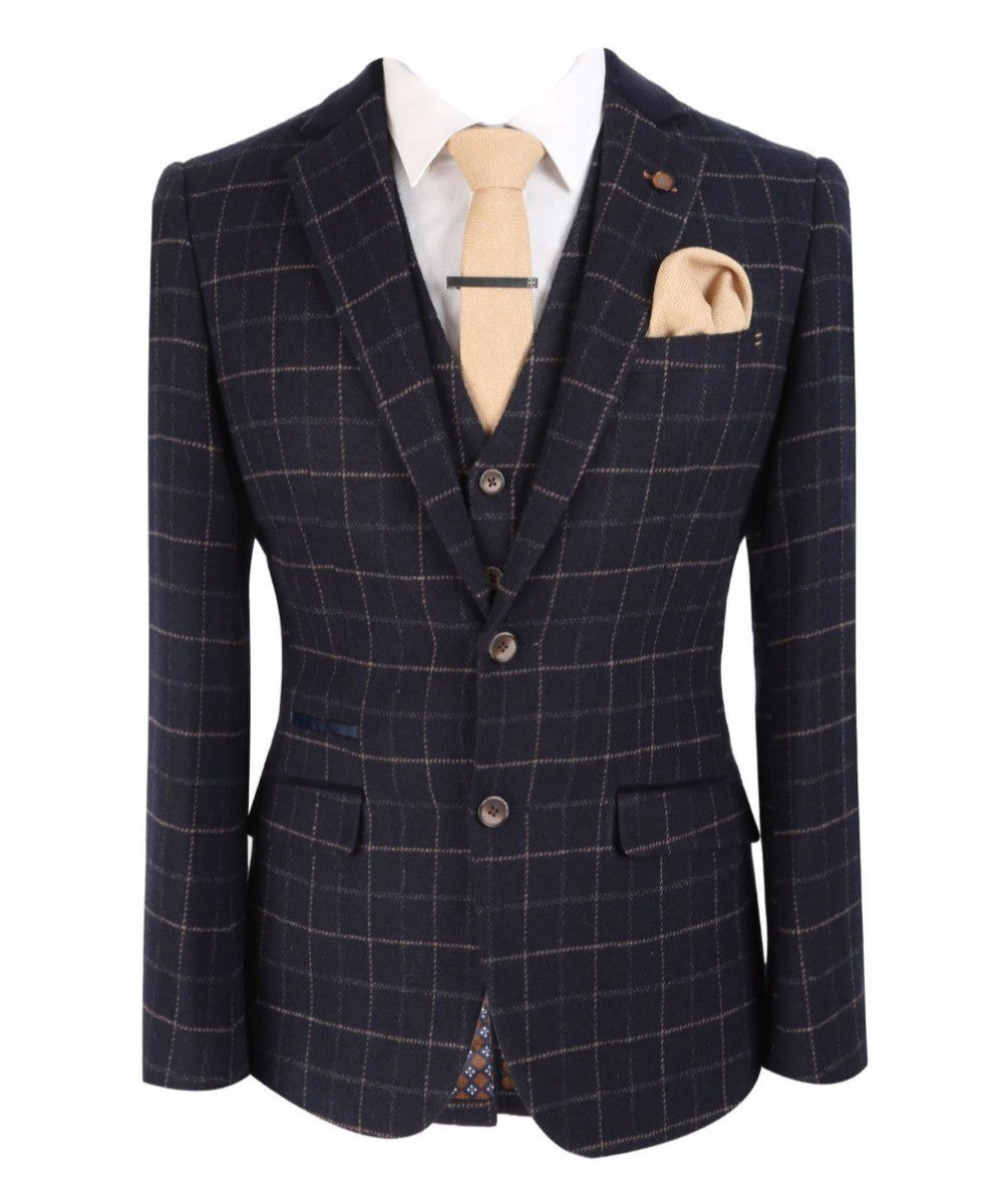 Men's Tweed Check Slim Fit Navy Suit Jacket- SHELBY - Navy Blue