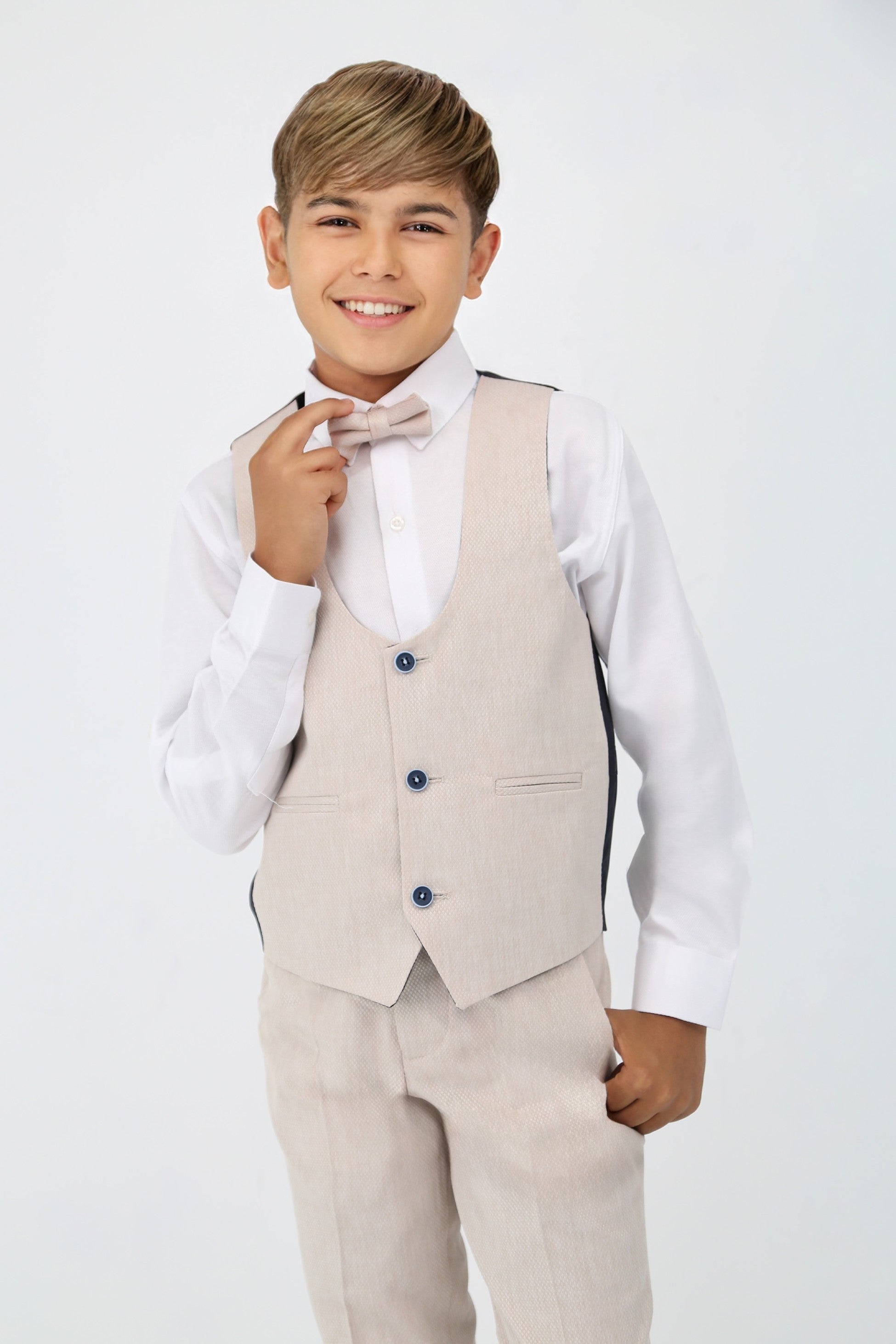 Boys' Slim Fit Self-Patterned 5 PC Suit Set - Beige