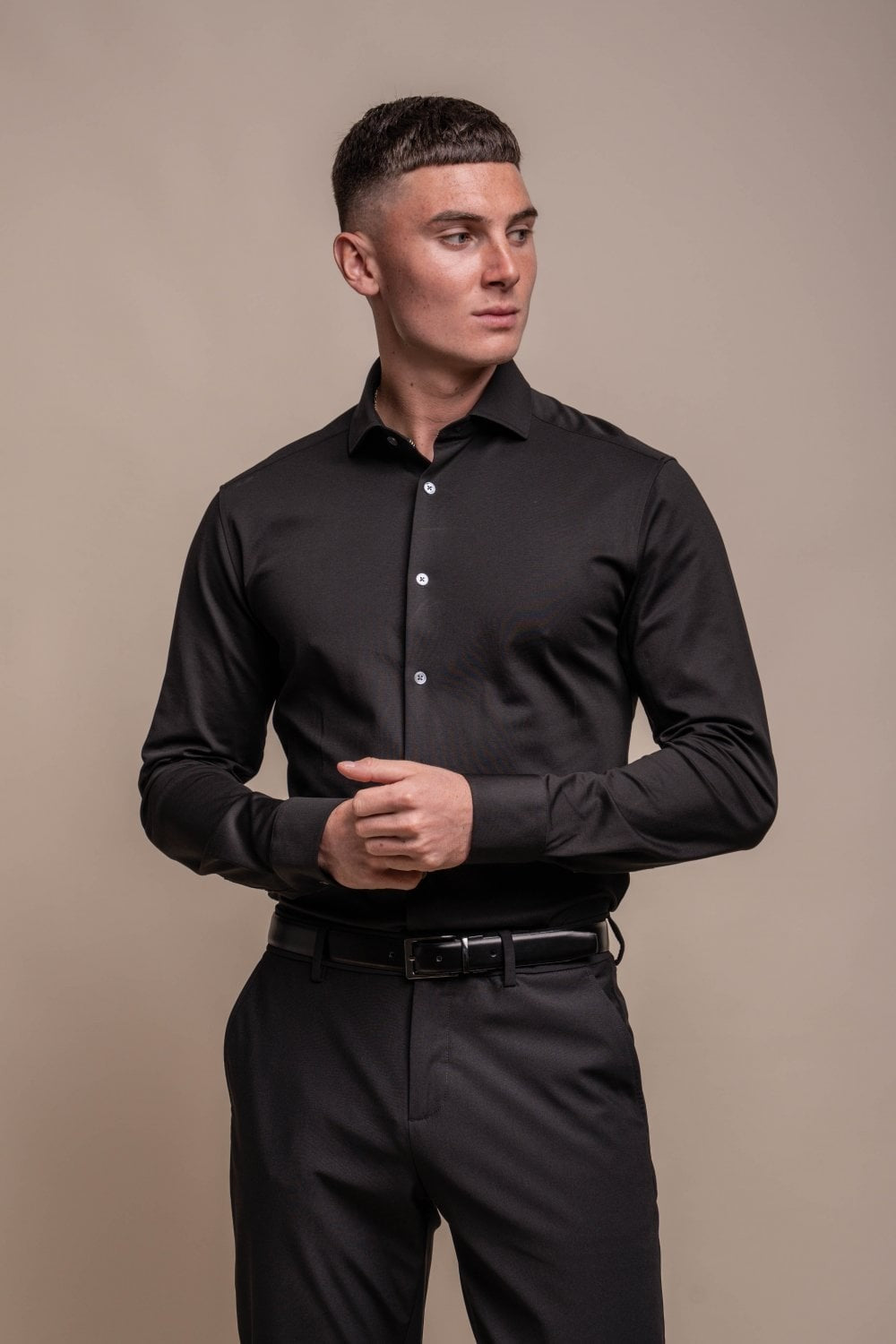 Men's Cotton Slim Fit Long Sleeve Shirt - ASHLEY - Black