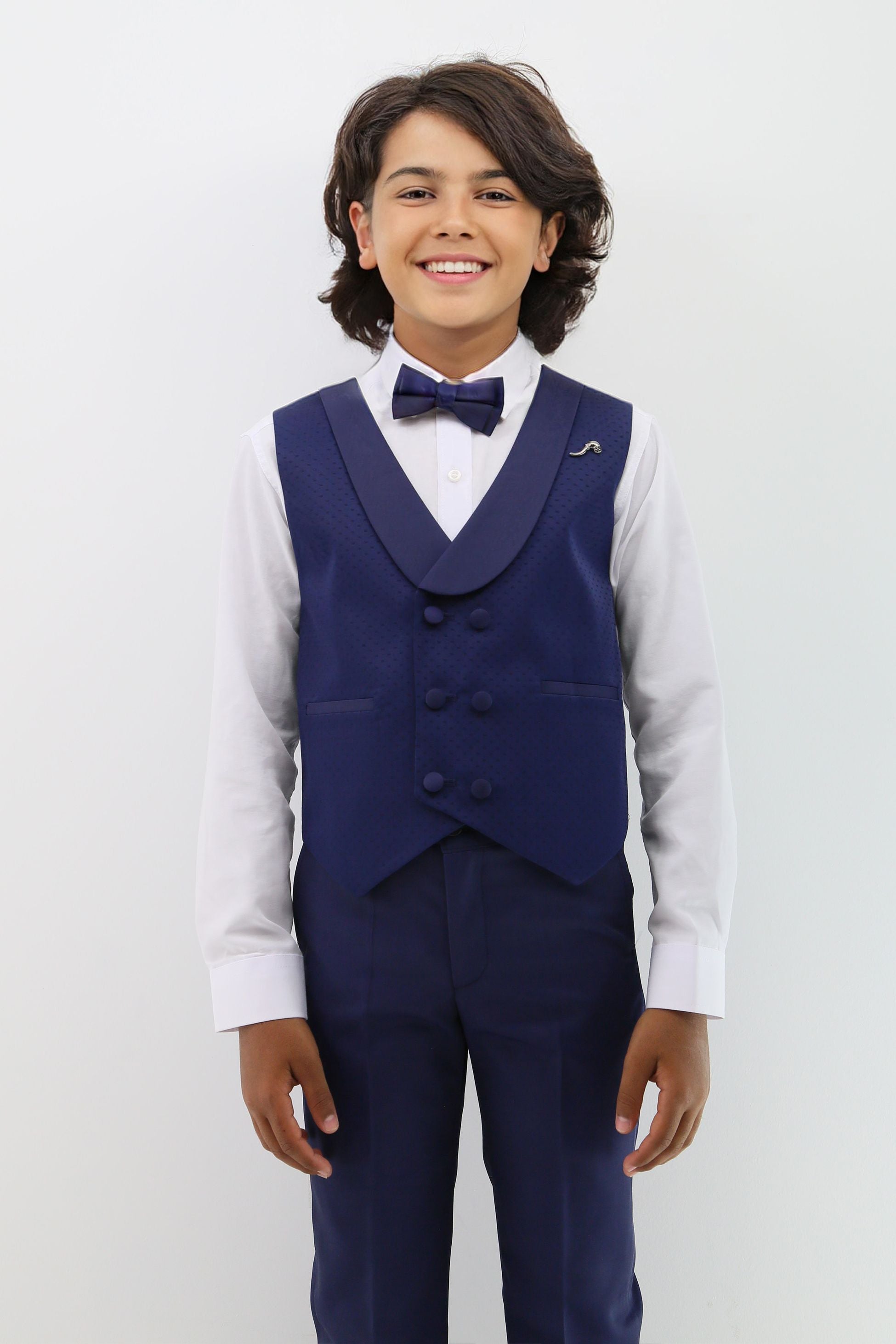 Baby & Boys Shawl Lapel Dotted Navy Waistcoat Suit Set - Navy Blue