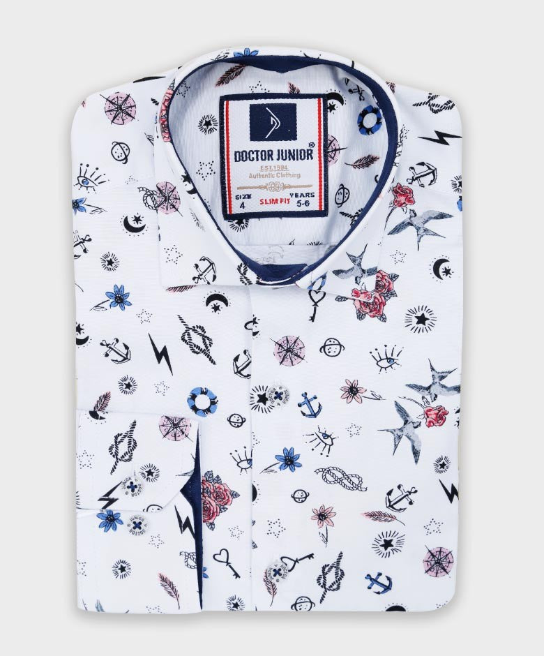 Boys Nautical Printed Fashion Shirt - White- Blue