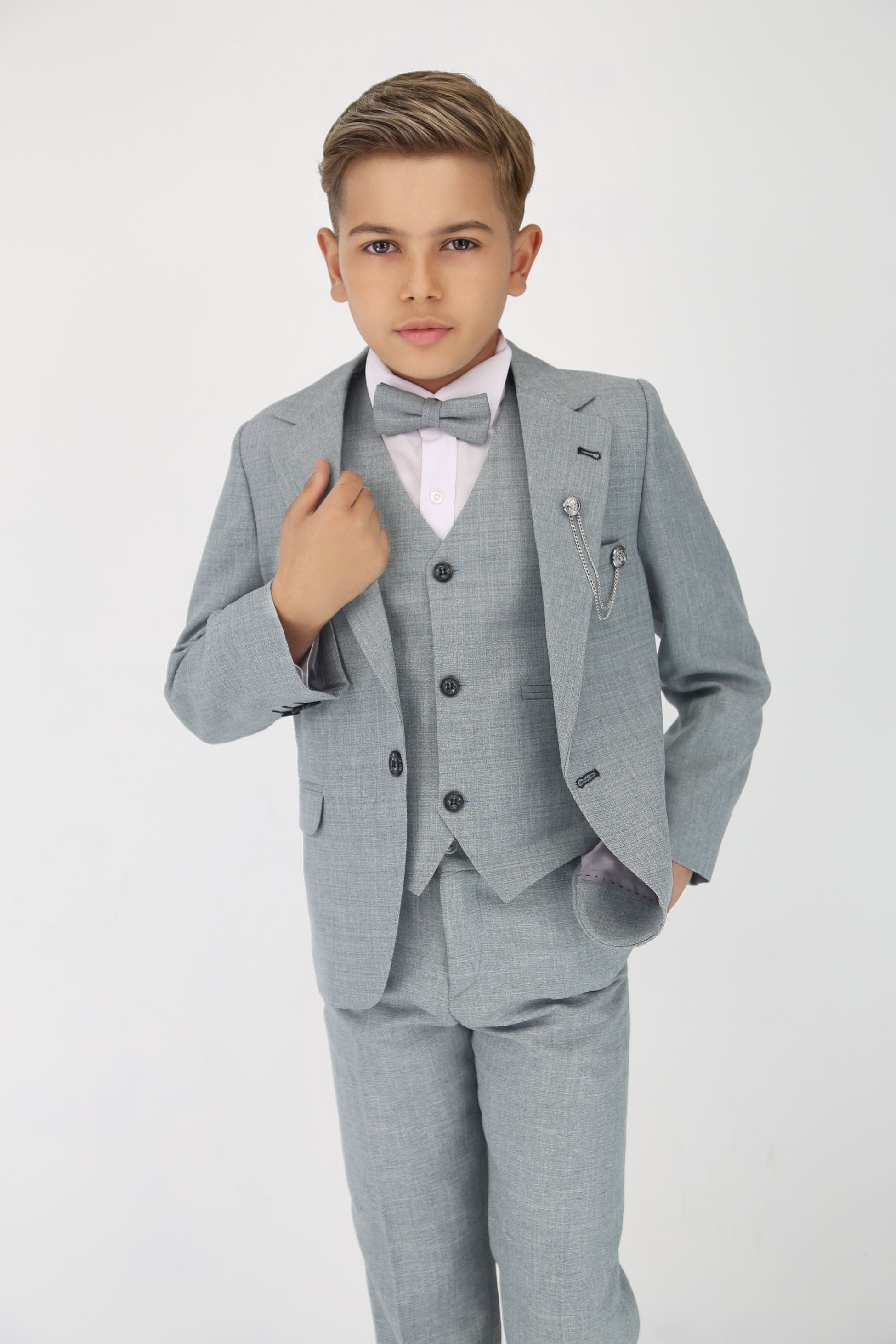 Boys Slim Fit Textured 8-Piece Formal Suit Set - Grey