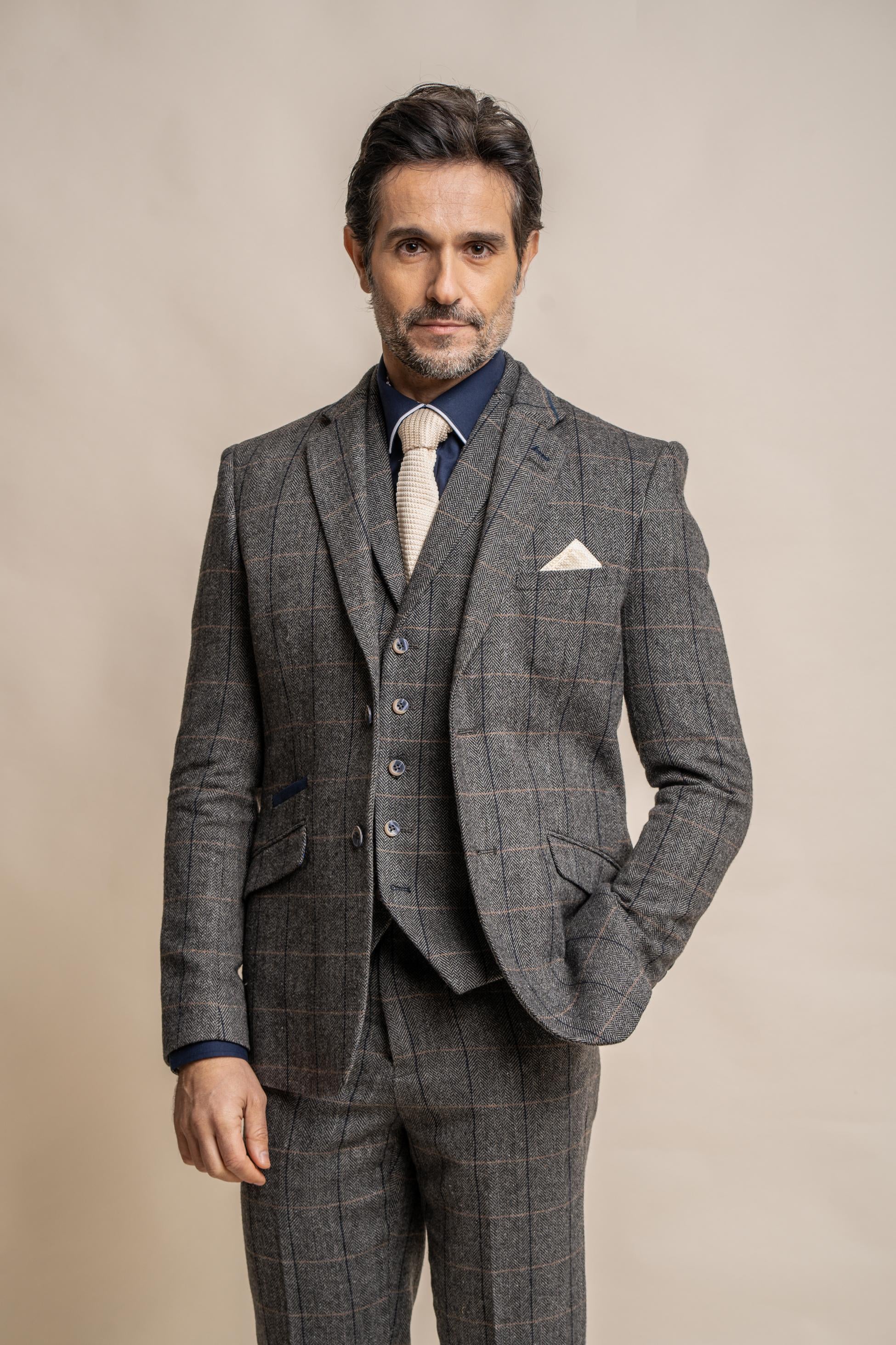 Men's Wool Blend Herringbone Check Suit Jacket - Albert - Grey