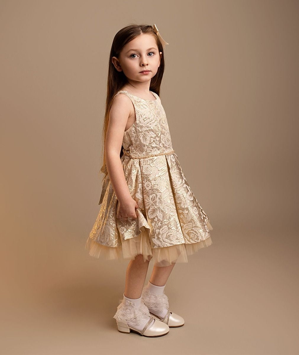 Girls’ Gold Floral Brocade Dress & Bag Set - Myra - Gold